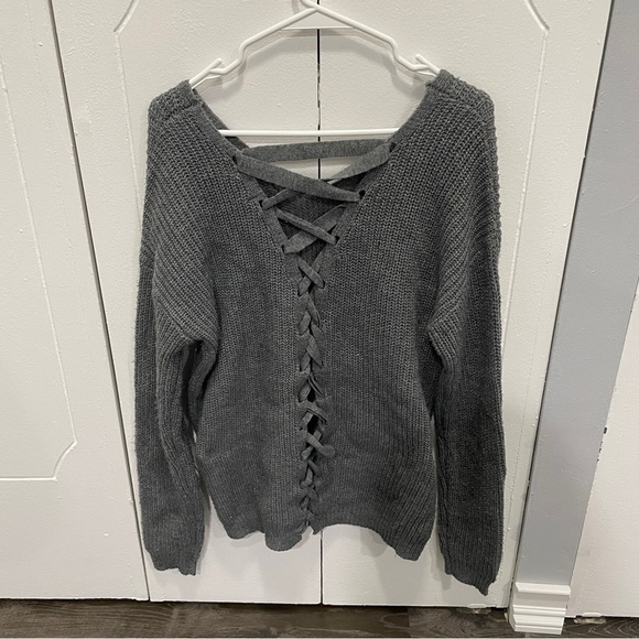 SO Grey Lace Up Knit Sweater - Picture 2 of 10